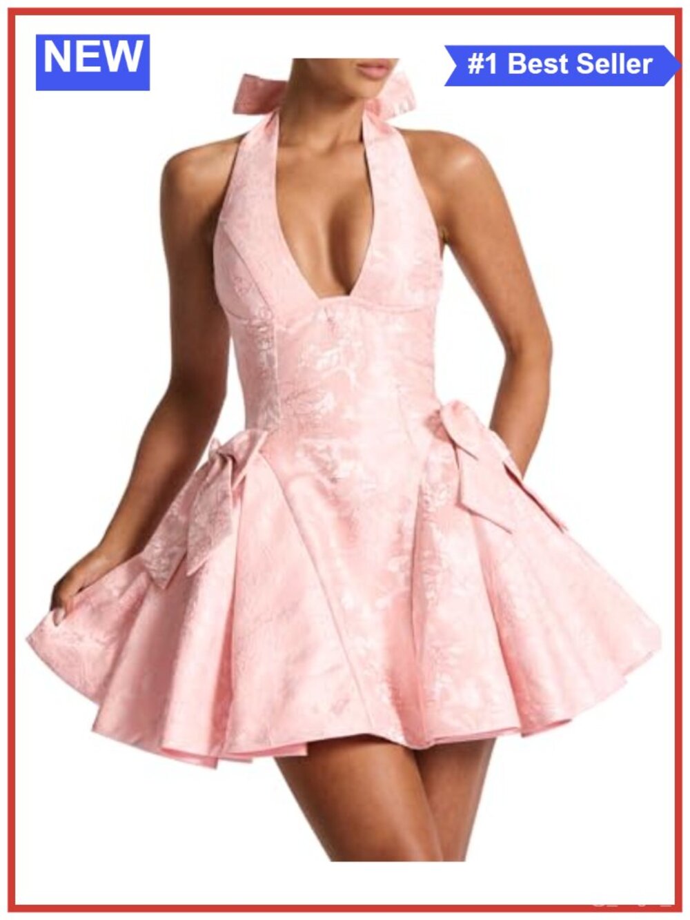 Jacquard Halter Mini Dress Backless Deep V Neck Ruffle Lace Up Back Party